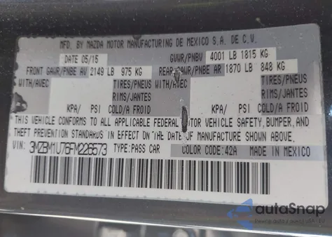 2015 Mazda Mazda3 I Sport z USA, uszkodzony, nr VIN 3MZBM1U76FM226573